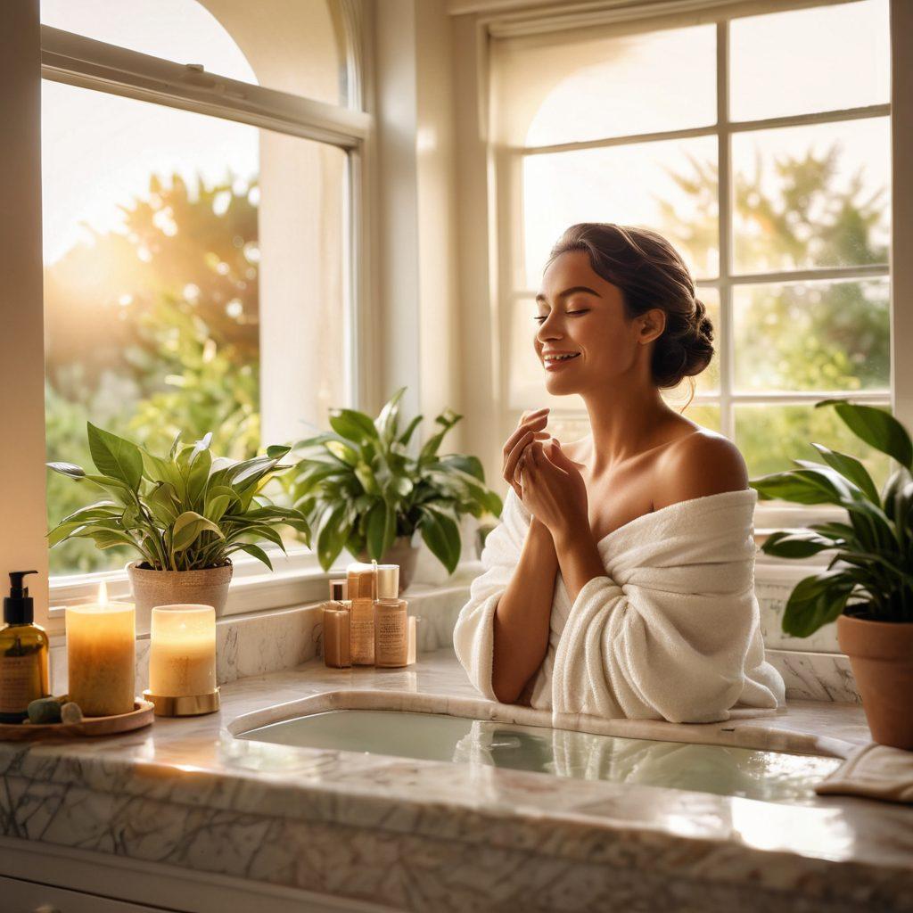 A serene bathroom scene featuring a golden sunrise filtering through a window, illuminating a marble vanity adorned with elegant skincare products, lush green plants, and soft linen towels. A glowing woman peacefully applying a face mask, with a warm smile and radiant skin, embodying the essence of self-care and beauty. Enhance with hints of ethereal light and soft pastel colors for a calming effect. super-realistic. vibrant colors. soft focus.