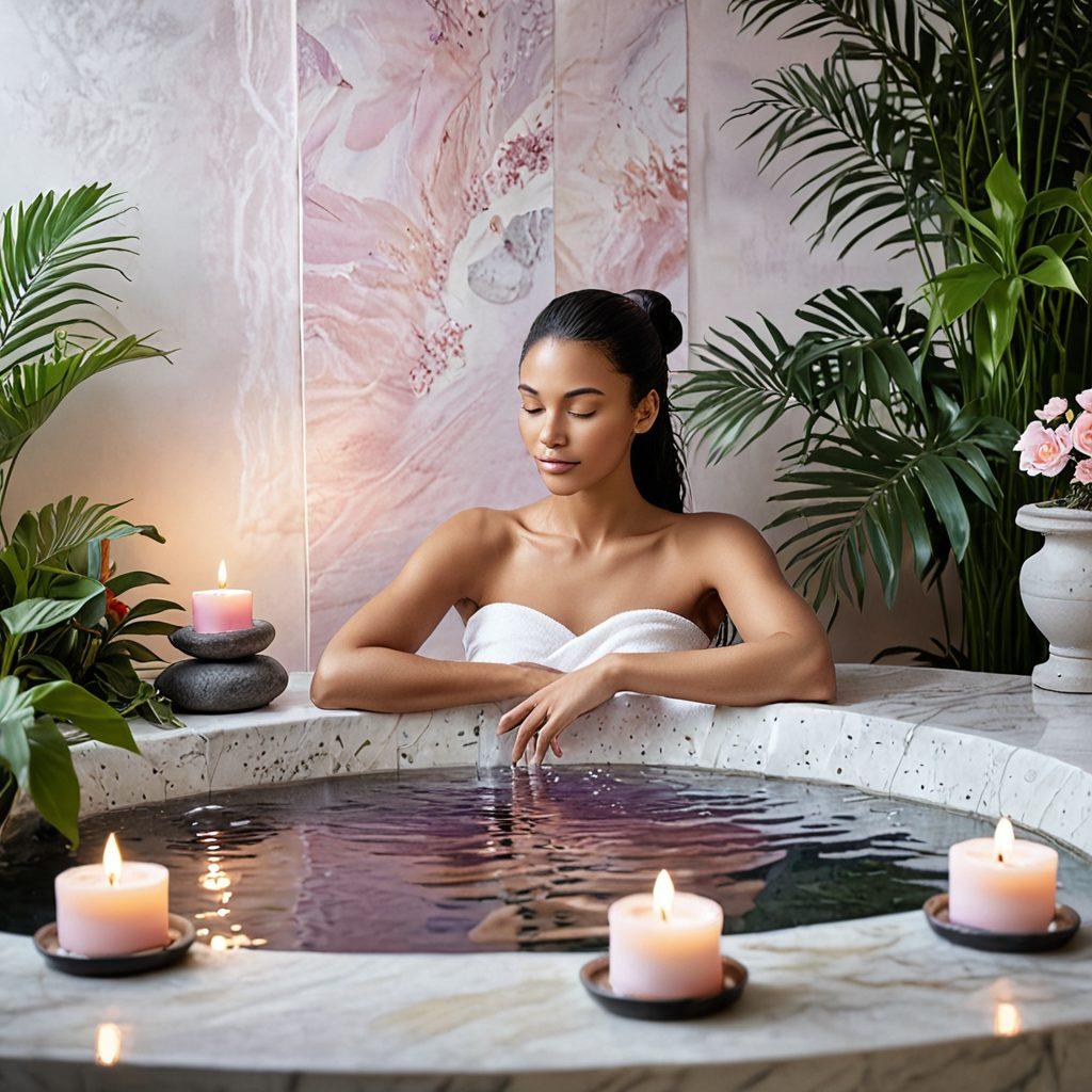 A serene spa setting featuring soothing candles, essential oils, and crystal healing stones scattered around. Soft colors of pastel pink and lavender create a calming atmosphere. A person enjoying a luxurious face mask, surrounded by plants and flowers for a holistic vibe. Incorporate elements of nature like a flowing water fountain in the background. super-realistic. vibrant colors. soothing ambiance.